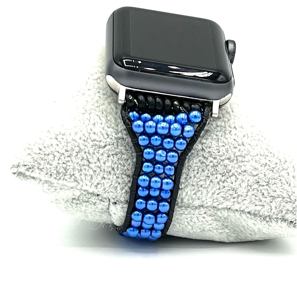 HAND CRAFTED Blue Leather Apple Watch Strap - Picture 1 of 7